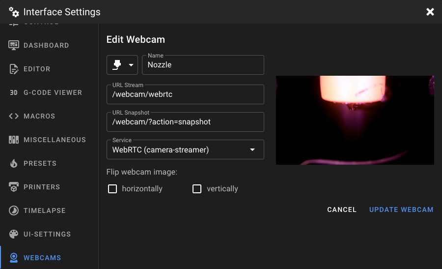 WebRTC settings in Mainsail Interface Settings