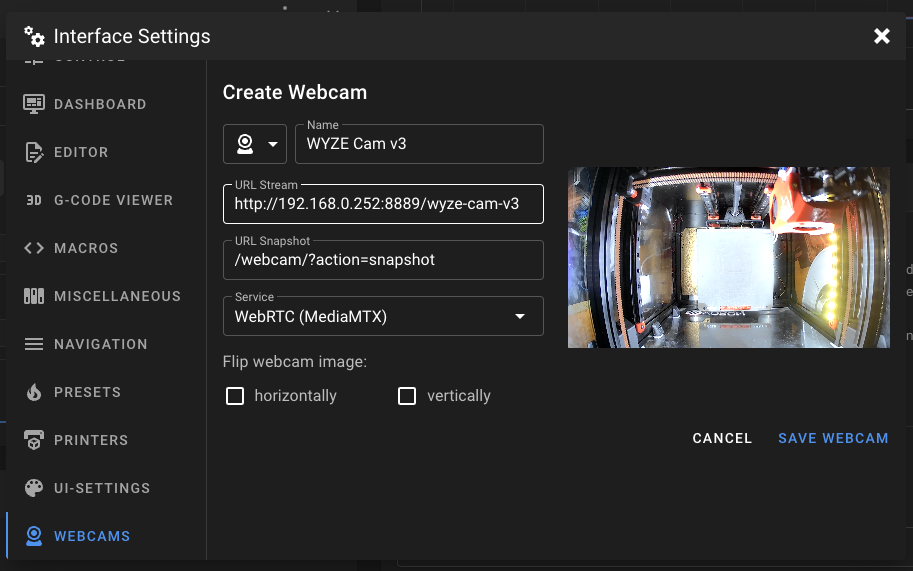 Webcam client settings for the WYZE Cam