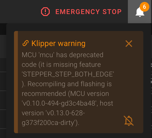 Screenshot of the "Deprecated MCU Code" warning