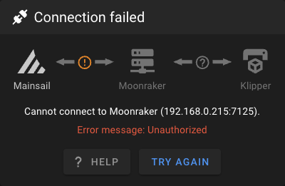 Connection failed dialog with Error message Unauthorized