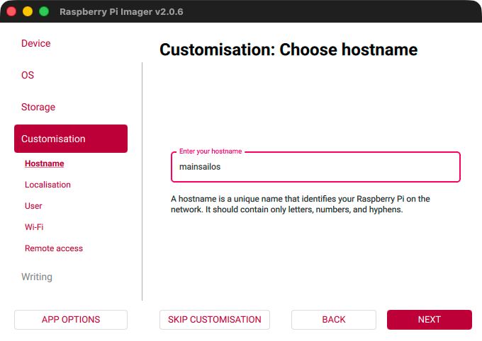 Raspberry Pi Imager - Customisation - Hostname