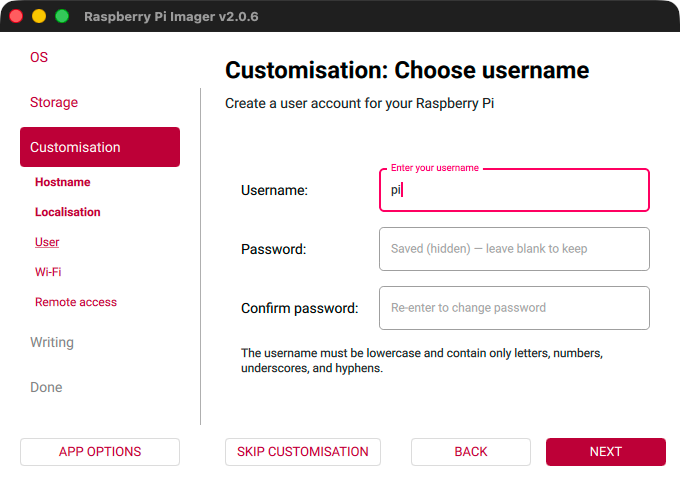 Raspberry Pi Imager - Customisation - User