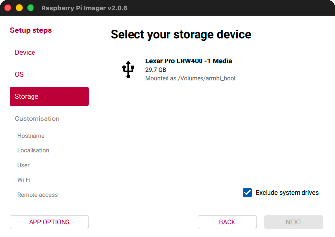 Raspberry Pi Imager - Choose the Storage