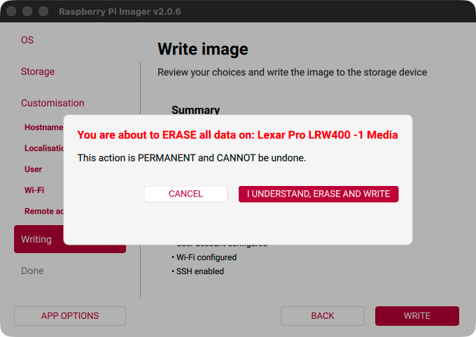 Raspberry Pi Imager - Writing - Dialog