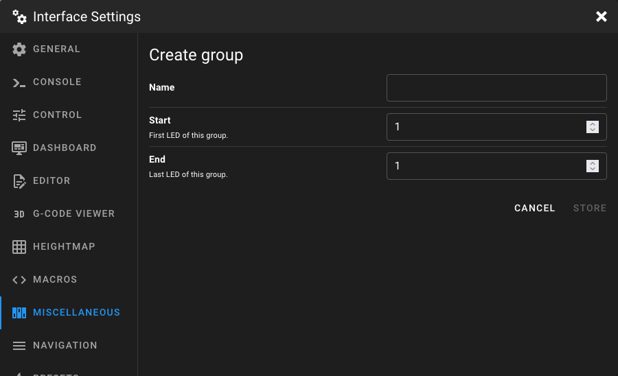 Miscellaneous Settings - LED Groups - Create Group