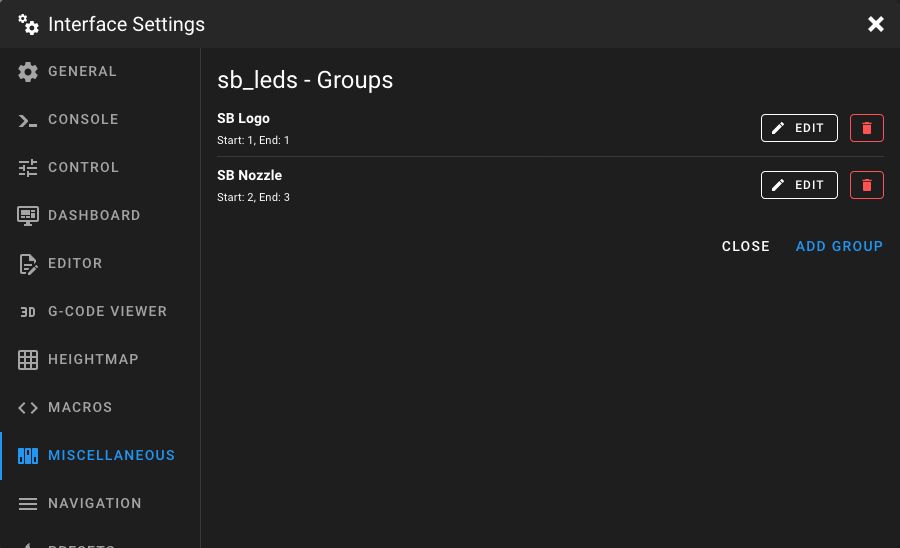 Miscellaneous Settings - LED Groups