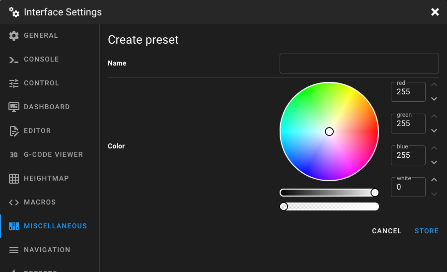 Miscellaneous Settings - LED Presets - Create Preset