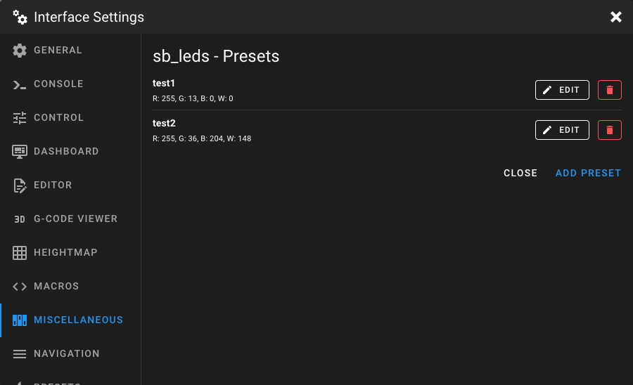 Miscellaneous Settings - LED Presets