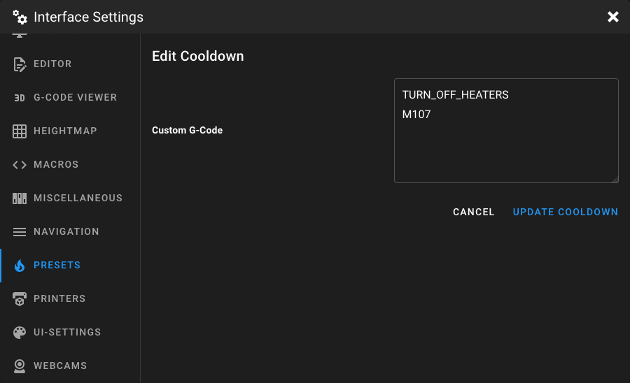 Presets Settings - Cooldown