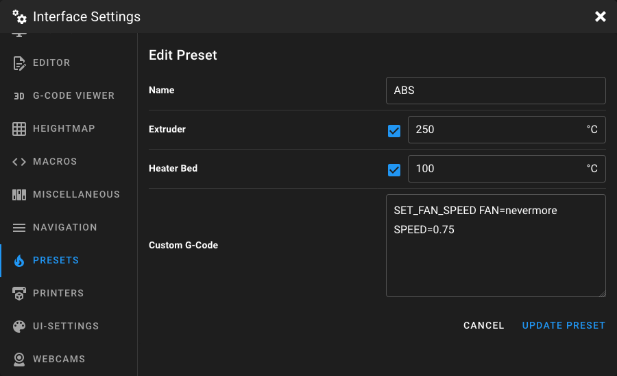 Presets Settings - Edit preset