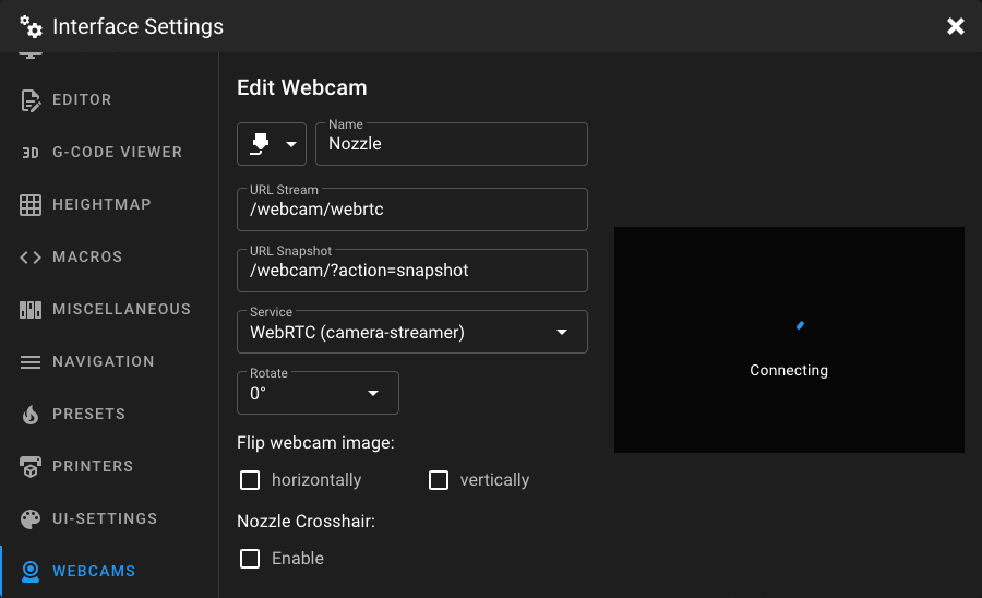 Webcam Settings - Form